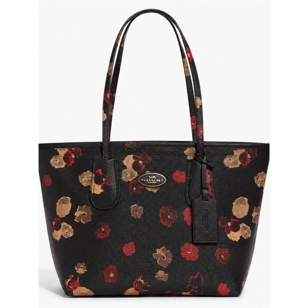 Coach Black Floral Tote with Red and Tan Bloom Print